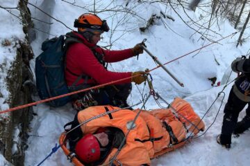 A crew from Stowe Mountain Rescue simulates a backcountry rescue during a training exercise. (Stowe Mountain Rescue Photo)