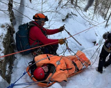 A crew from Stowe Mountain Rescue simulates a backcountry rescue during a training exercise. (Stowe Mountain Rescue Photo)