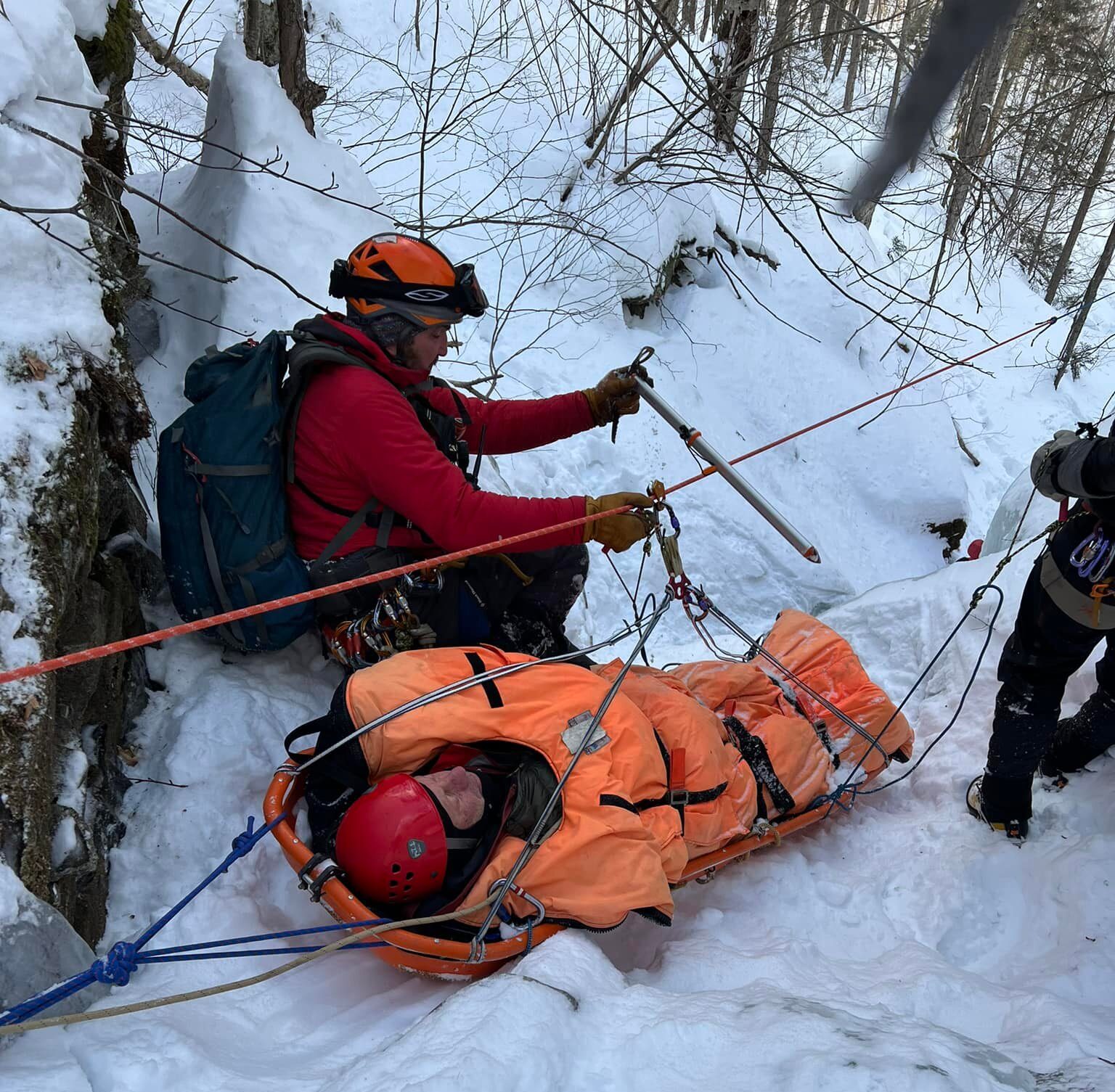 A crew from Stowe Mountain Rescue simulates a backcountry rescue during a training exercise. (Stowe Mountain Rescue Photo)