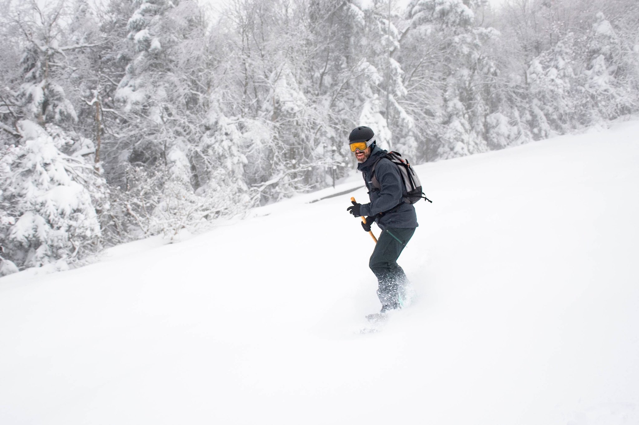 A snowboarder enjoys October snow at Jay Peak Resort in Vermont.