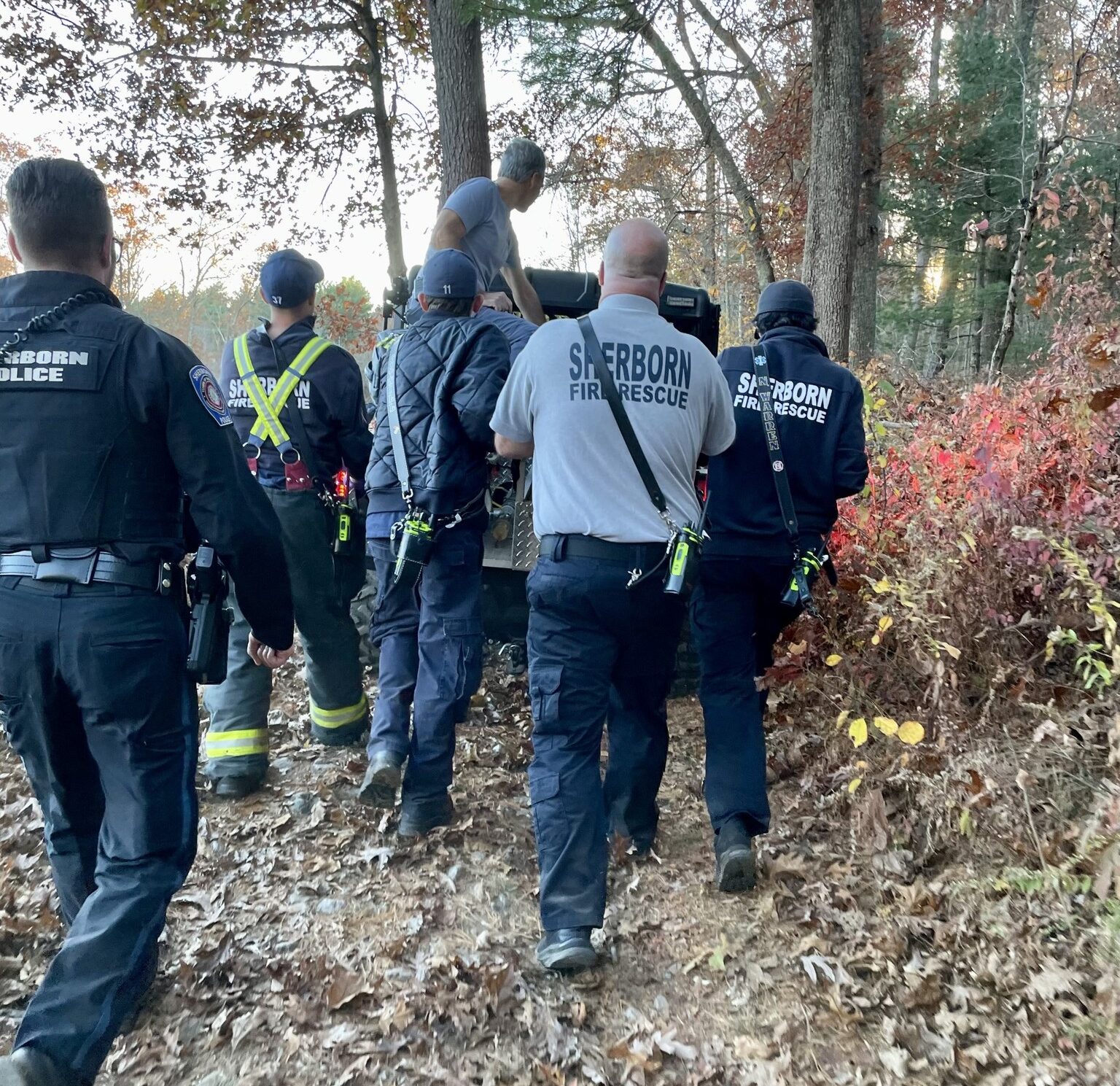 Firefighters rescue an injured hiker in Rocky Narrows Reservation in Sherborn, Massachusetts. (Sherborn Fire Department Photo)