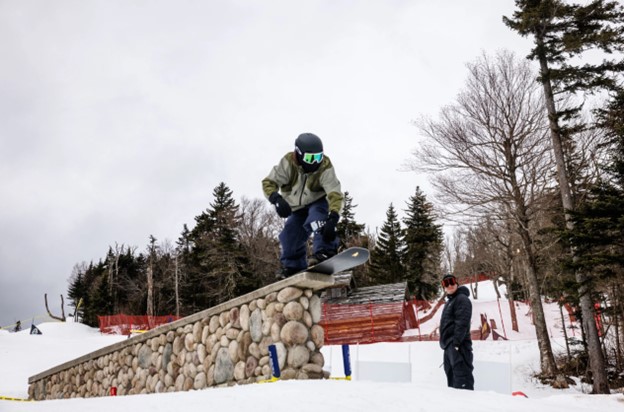 A snowboarder takes on The Stash terrain park at Killington Resort. (Killington Resort Photo)